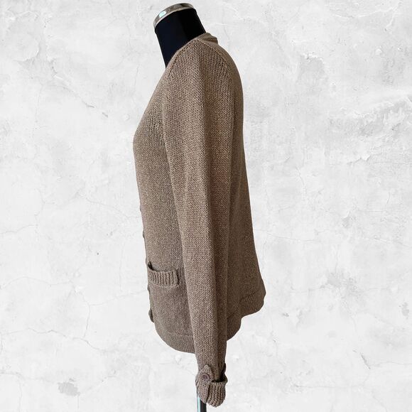Orvis Metallic Gold Cardigan Sweater Womens Small Linen Blend Pockets - Picture 6 of 9
